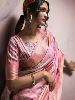 baby pink premium art silk blend sarees  luxurious weaving 3