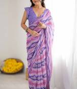 Light purple heavy georgette printed saree with mirror work border & unstitched georgette silk blouse
