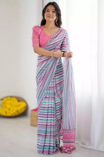 Light pink heavy georgette printed saree with mirror work border & unstitched georgette silk blouse