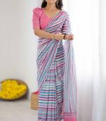 Light pink heavy georgette printed saree with mirror work border & unstitched georgette silk blouse