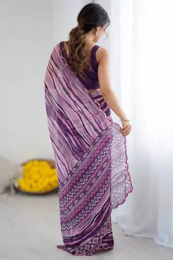Wine georgette printed saree with mirror work border & unstitched georgette silk blend blouse
