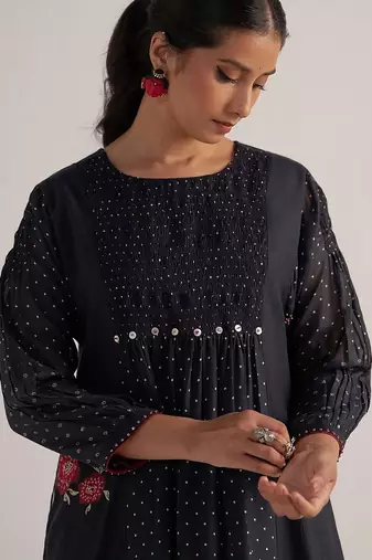Black bandhani and flower printed mul-chanderi co-ord set