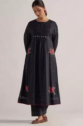 Black bandhani and flower printed mul-chanderi co-ord set