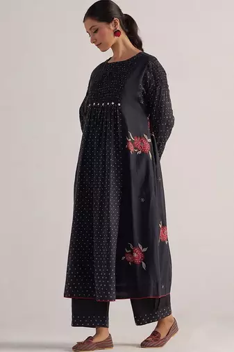 Black bandhani and flower printed mul-chanderi co-ord set