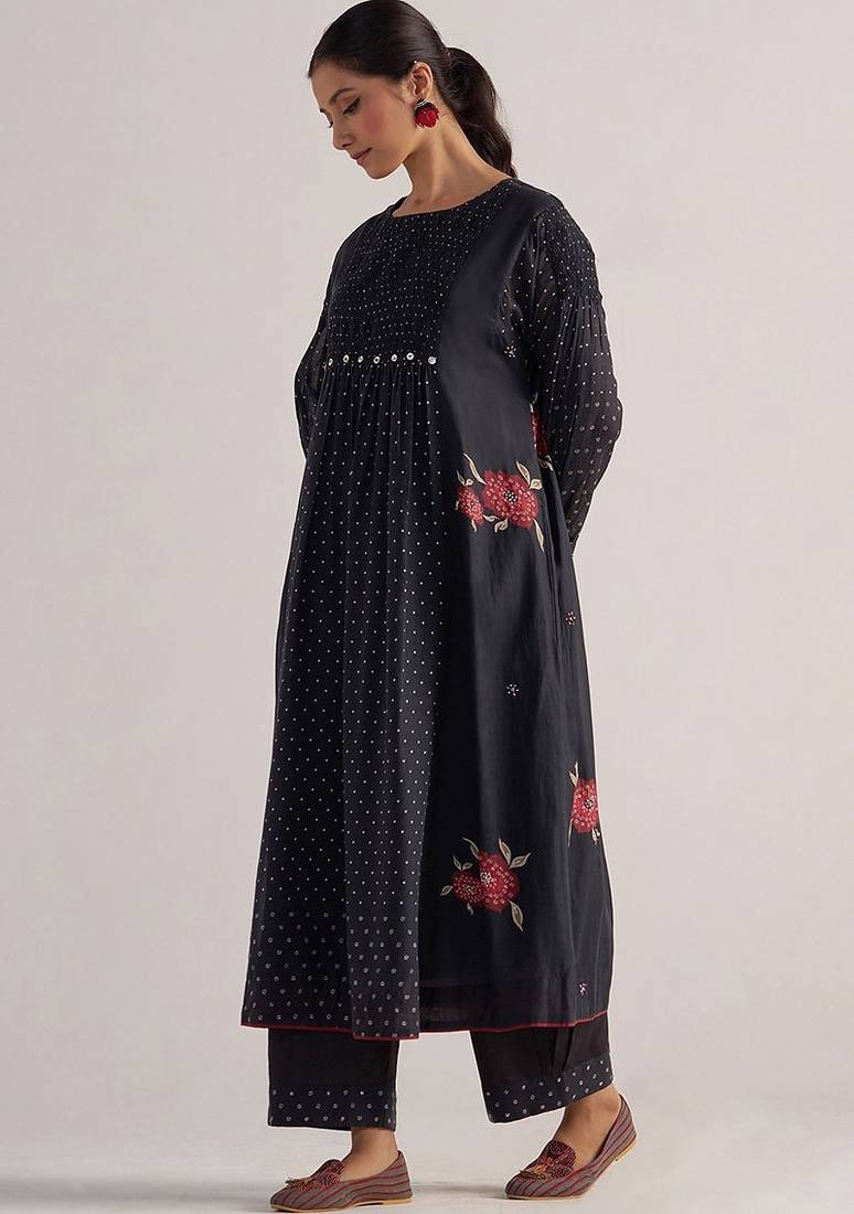 Black bandhani and flower printed mul-chanderi co-ord set