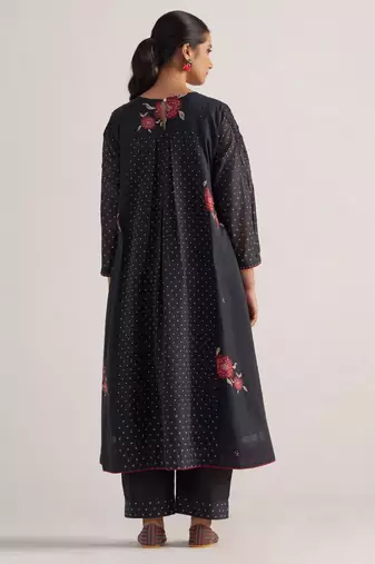 Black bandhani and flower printed mul-chanderi co-ord set