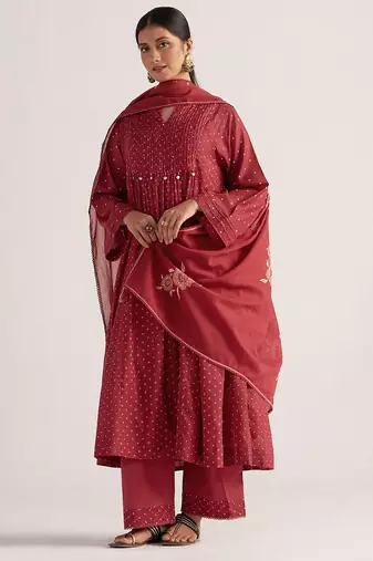 Garnet red bandhani print mul chanderi kurta set