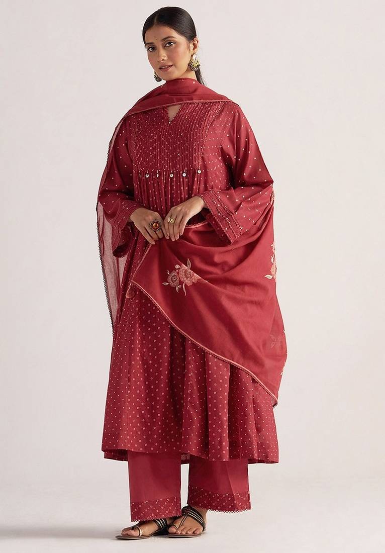 Garnet red bandhani print mul chanderi kurta set