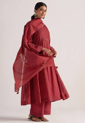 Garnet red bandhani print mul chanderi kurta set 2