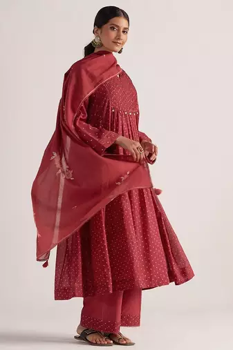 Garnet red bandhani print mul chanderi kurta set