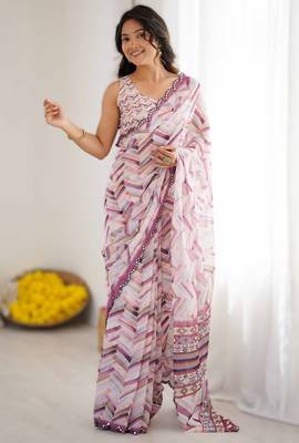 Off white georgette printed saree with mirror work border & unstitched georgette silk blend blouse 1