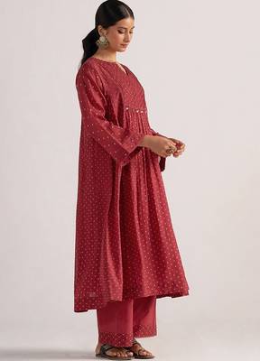 Garnet red bandhani print mul chanderi kurta set 4