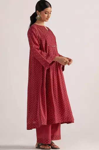 Garnet red bandhani print mul chanderi kurta set