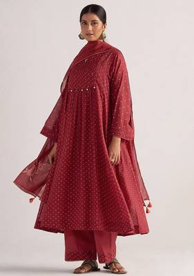 Garnet red bandhani print mul chanderi kurta set 5