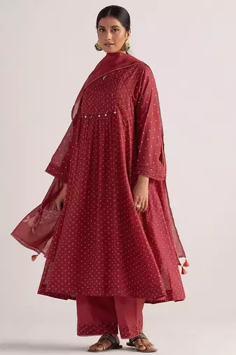 Garnet red bandhani print mul chanderi kurta set