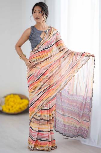 Multi color heavy georgette printed saree with mirror work border & unstitched georgette silk blouse