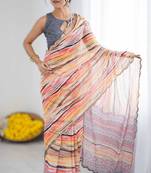 Multi color heavy georgette printed saree with mirror work border & unstitched georgette silk blouse