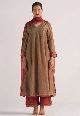 Lark beige and dull maroon tissue print kurta set 1