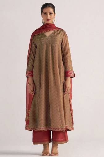 Lark beige and dull maroon tissue print kurta set