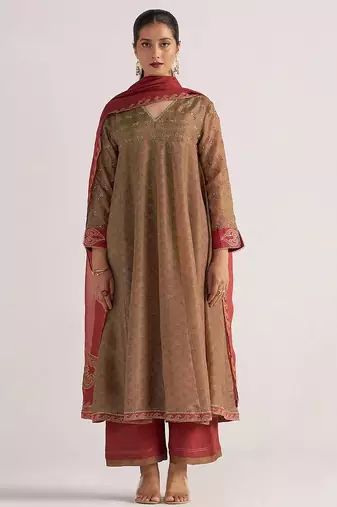 Lark beige and dull maroon tissue print kurta set
