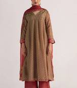Lark beige and dull maroon tissue print kurta set