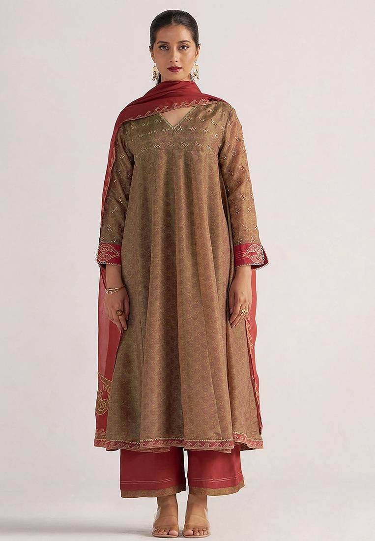 Lark beige and dull maroon tissue print kurta set