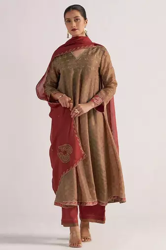 Lark beige and dull maroon tissue print kurta set