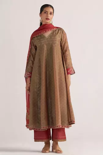 Lark beige and dull maroon tissue print kurta set