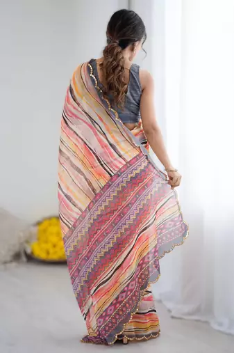 Multi color georgette printed saree with mirror work border & unstitched georgette silk blend blouse