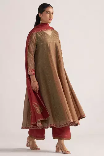 Lark beige and dull maroon tissue print kurta set