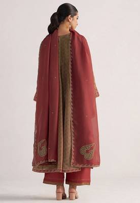 Lark beige and dull maroon tissue print kurta set 5