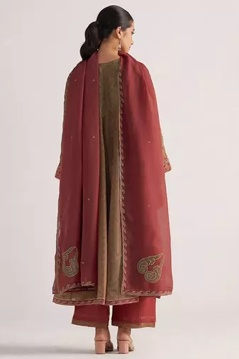 Lark beige and dull maroon tissue print kurta set