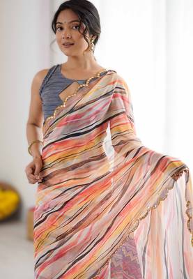 Multi color georgette printed saree with mirror work border & unstitched georgette silk blend blouse 3