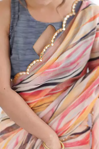 Multi color georgette printed saree with mirror work border & unstitched georgette silk blend blouse