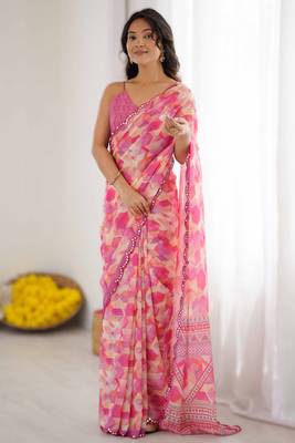 Baby pink georgette printed saree with mirror work border & unstitched georgette silk blend blouse 1
