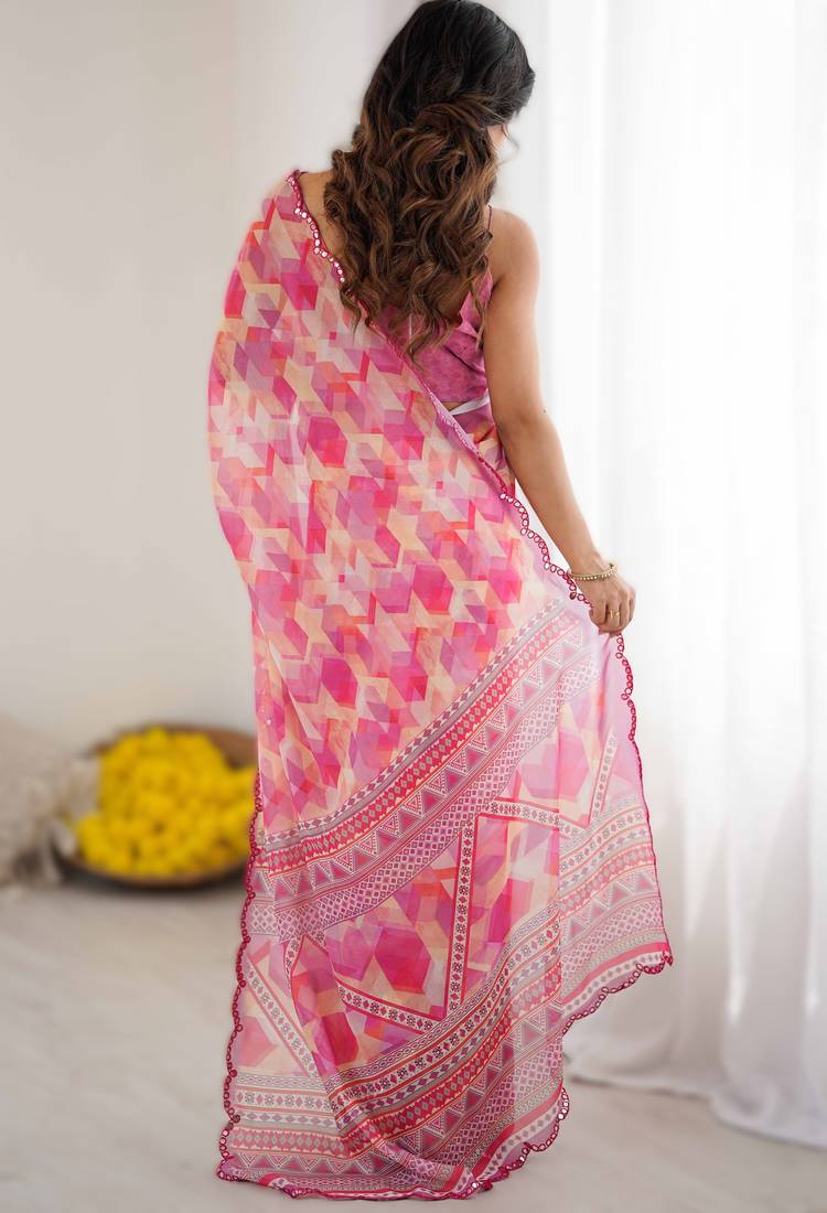 Baby pink heavy georgette printed saree with mirror work border & unstitched georgette silk blouse