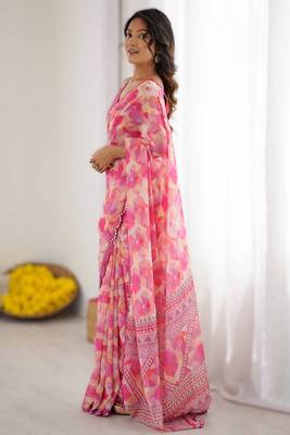 Baby pink georgette printed saree with mirror work border & unstitched georgette silk blend blouse 3