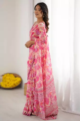 Baby pink georgette printed saree with mirror work border & unstitched georgette silk blend blouse