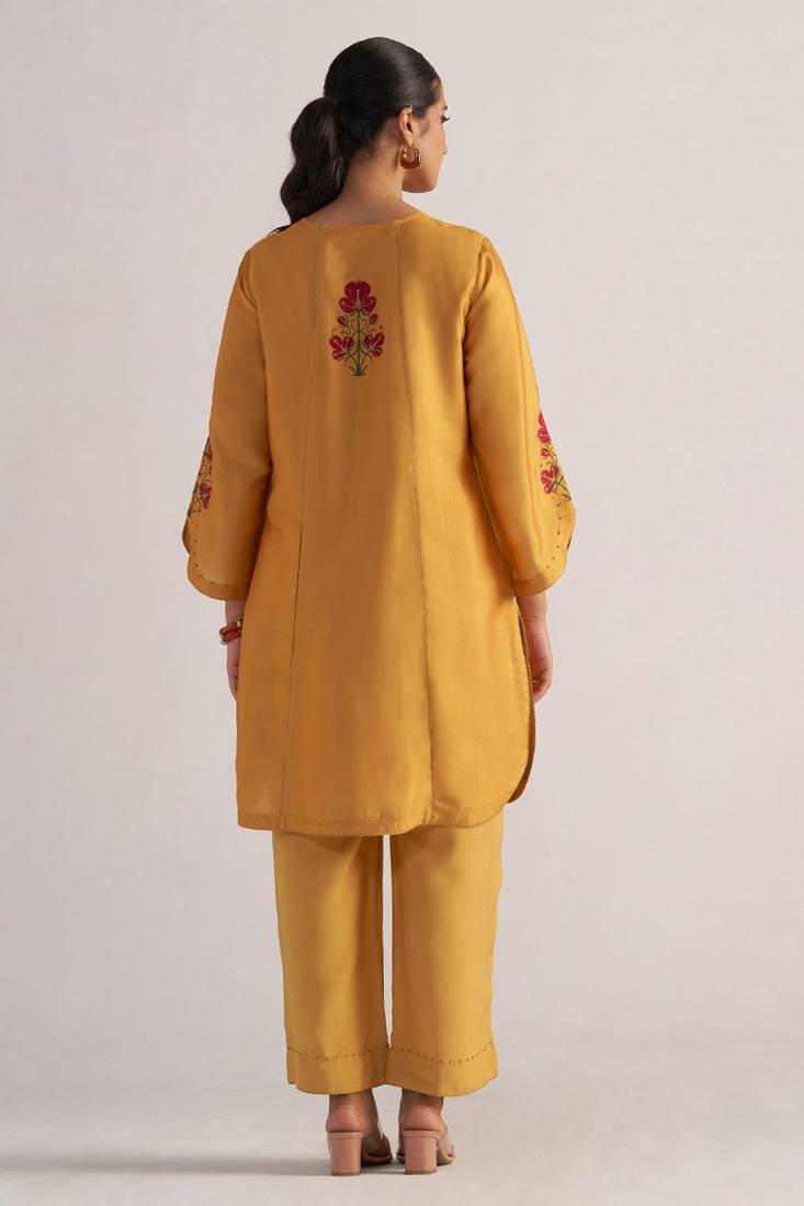 Golden orange print and solid festive co-ord set