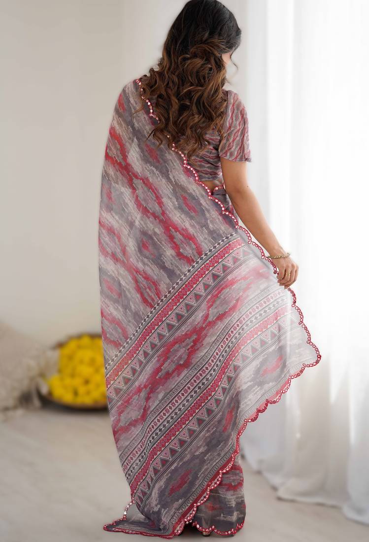 Grey heavy georgette printed saree with mirror work border & unstitched georgette silk blouse