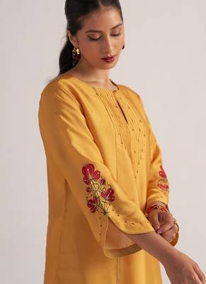 Golden orange print and solid festive co-ord set 1