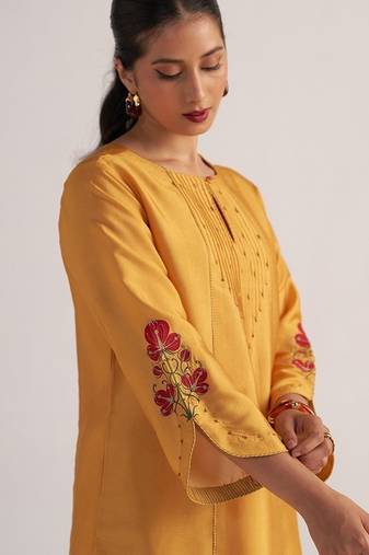 Golden orange print and solid festive co-ord set