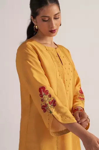 Golden orange print and solid festive co-ord set