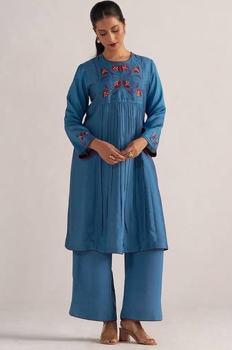 Blue ashes print and solid festive co-ord set