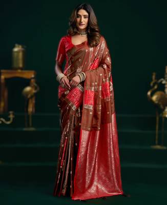 borwn soft art silk blend saree with fancy pumpum border 1