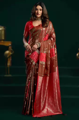 borwn soft art silk saree with fancy pumpum border