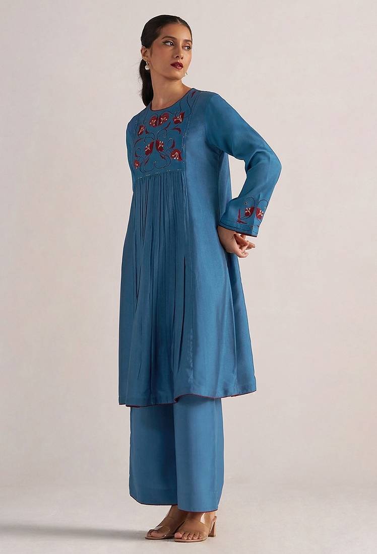 Blue ashes print and solid festive co-ord set