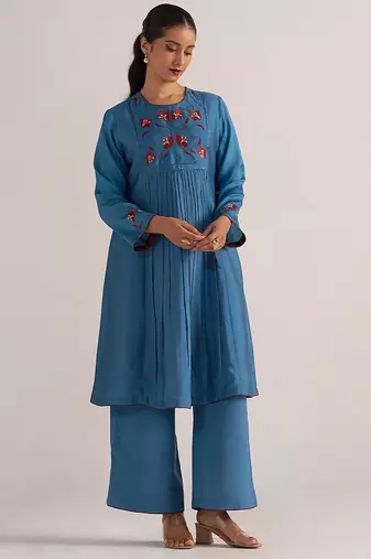 Blue ashes print and solid festive co-ord set