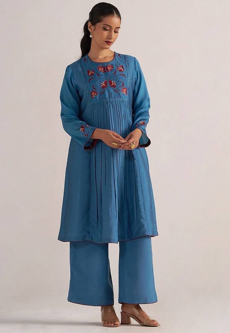 Blue ashes print and solid festive co-ord set