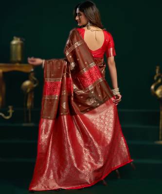 borwn soft art silk blend saree with fancy pumpum border 2